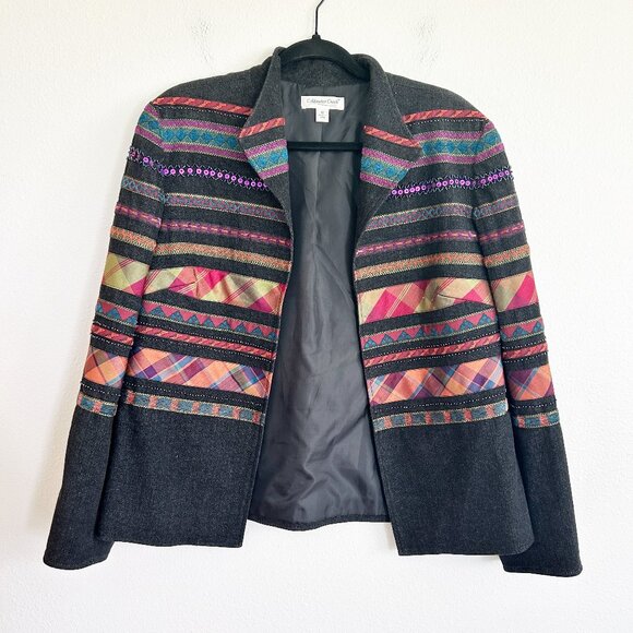 Coldwater Creek Jacket 12 Denim Blazer Embroidered Ribbon Open Artsy - Picture 1 of 12